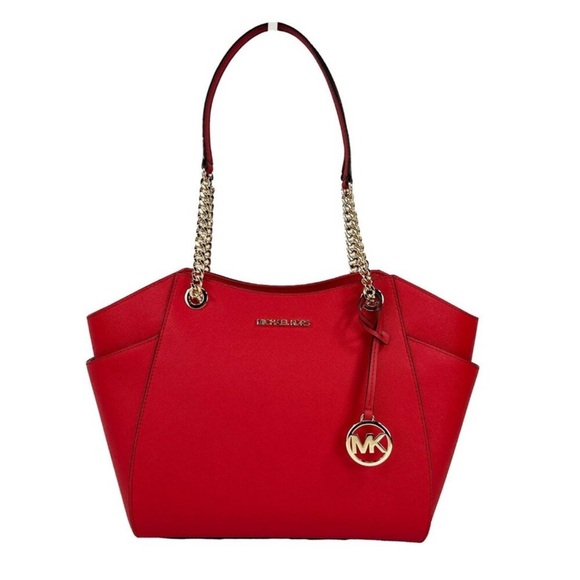 NEW Michael Kors Jet Set Large Shoulder Tote Bag Red Signature PVC Handbag - Picture 1 of 7